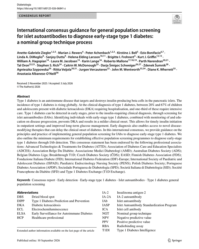 INTERNATIONAL CONSENSUS GUIDANCE FOR GENERAL POPULATION SCREENING FOR ISLET AUTOANTIBODIES TO DIAGNOSE EARLY-STAGE TYPE 1 DIABETES: A NOMINAL GROUP TECHNIQUE PROCESS cover