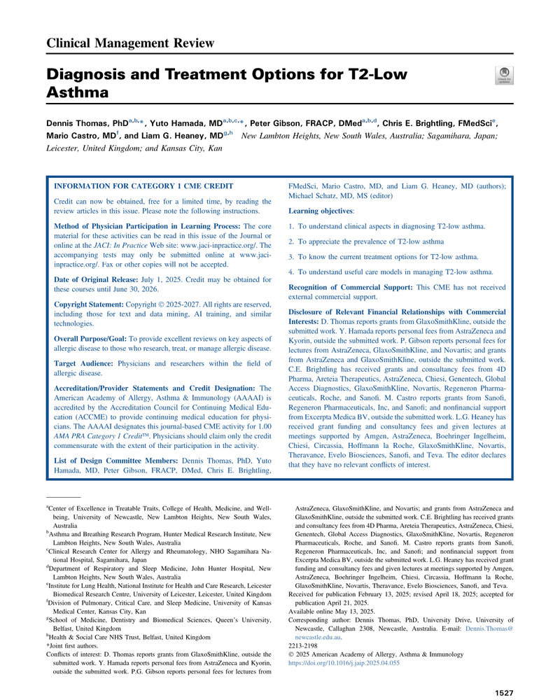 DIAGNOSIS AND TREATMENT OPTIONS FOR T2-LOW ASTHMA cover