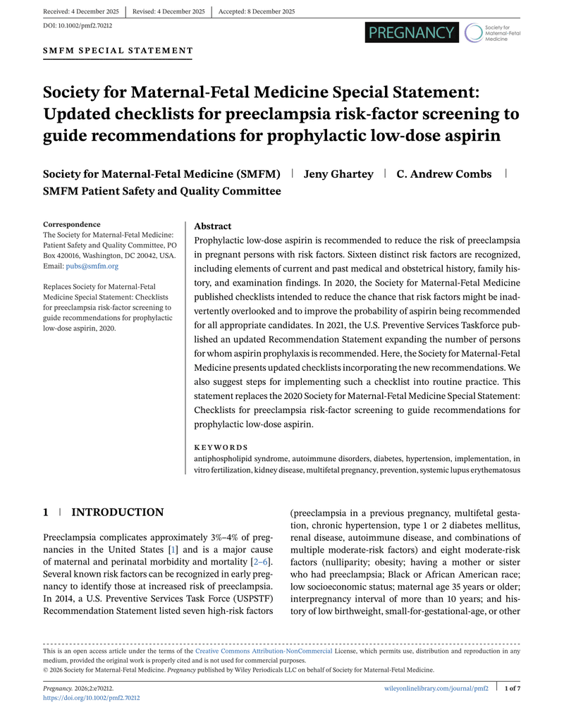 UPDATED CHECKLISTS FOR PREECLAMPSIA RISK-FACTOR SCREENING TO GUIDE RECOMMENDATIONS FOR PROPHYLACTIC LOW-DOSE ASPIRIN cover
