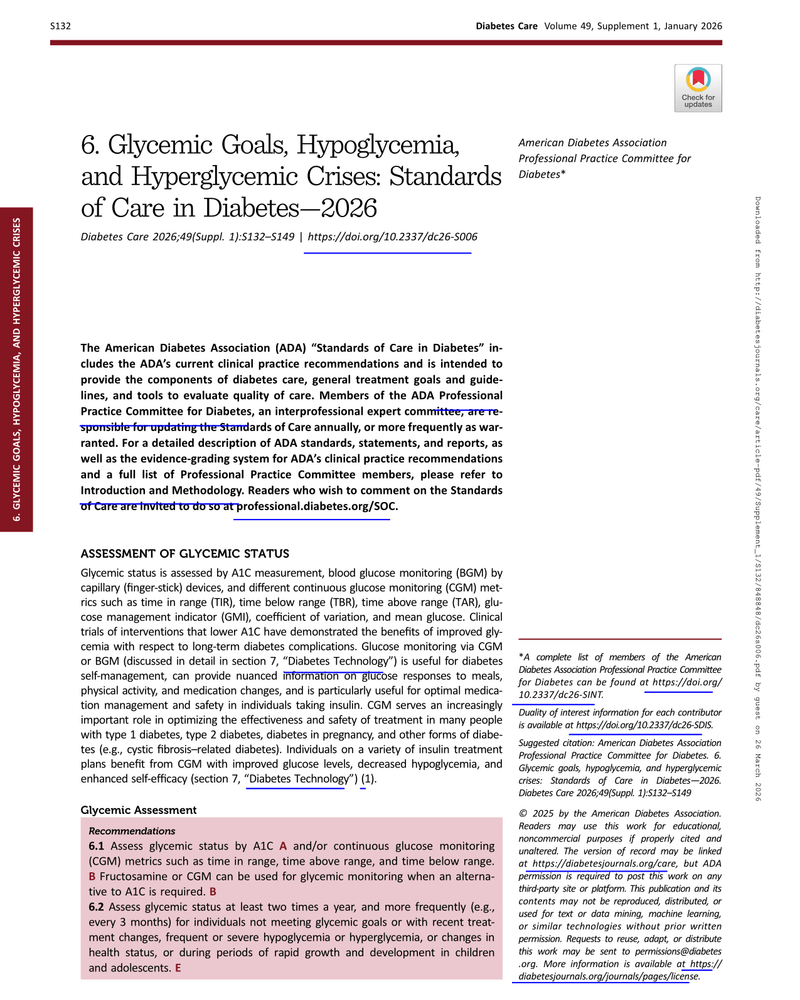 6. GLYCEMIC GOALS, HYPOGLYCEMIA, AND HYPERGLYCEMIC CRISES: STANDARDS OF CARE IN DIABETES—2026 cover