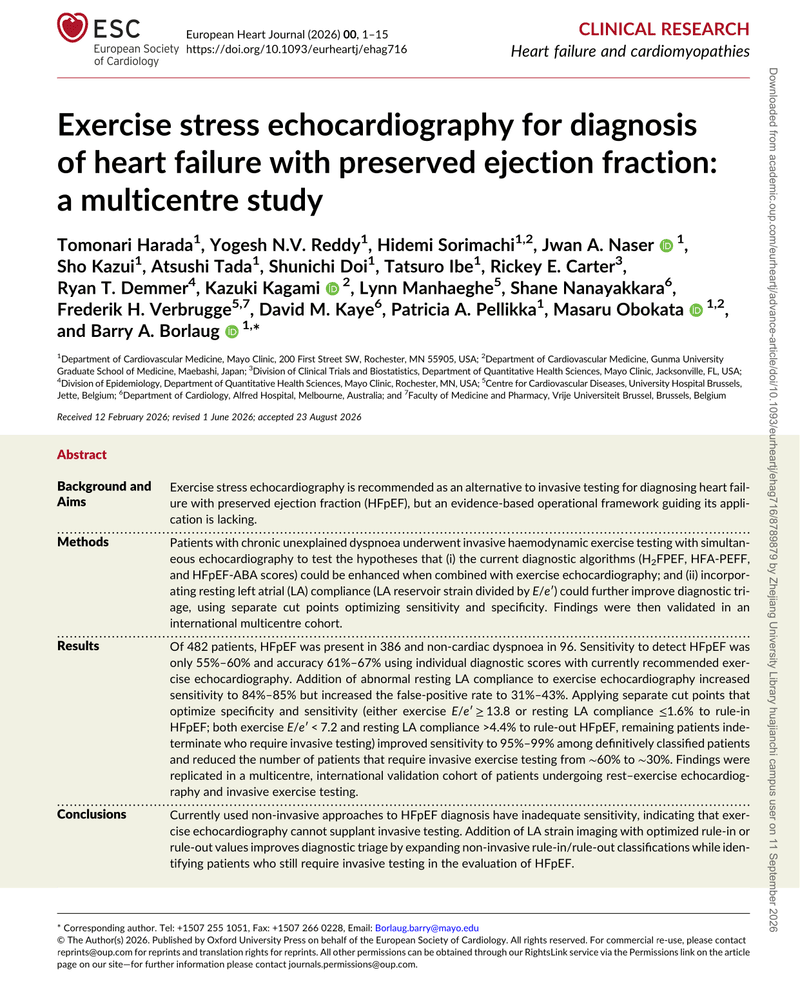 EXERCISE STRESS ECHOCARDIOGRAPHY FOR DIAGNOSIS OF HEART FAILURE WITH PRESERVED EJECTION FRACTION: A MULTICENTRE STUDY cover