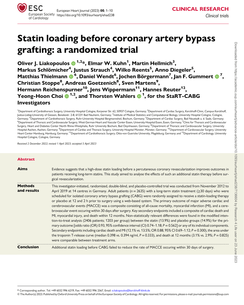 STATIN LOADING BEFORE CORONARY ARTERY BYPASS GRAFTING: A RANDOMIZED TRIAL cover