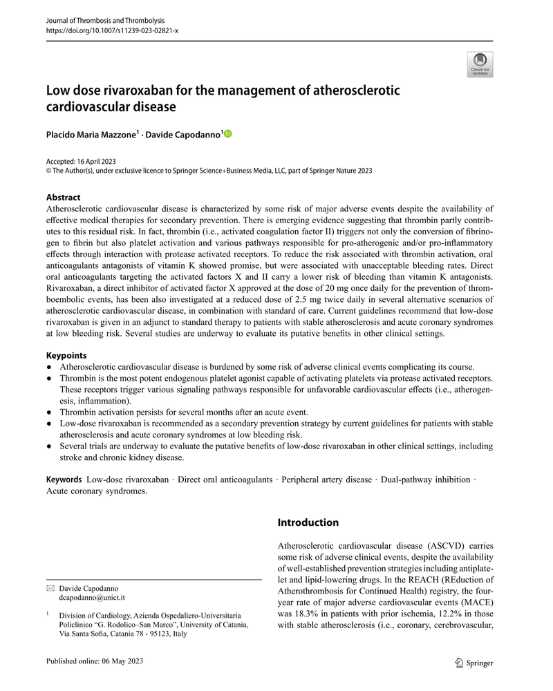 LOW DOSE RIVAROXABAN FOR THE MANAGEMENT OF ATHEROSCLEROTIC CARDIOVASCULAR DISEASE cover