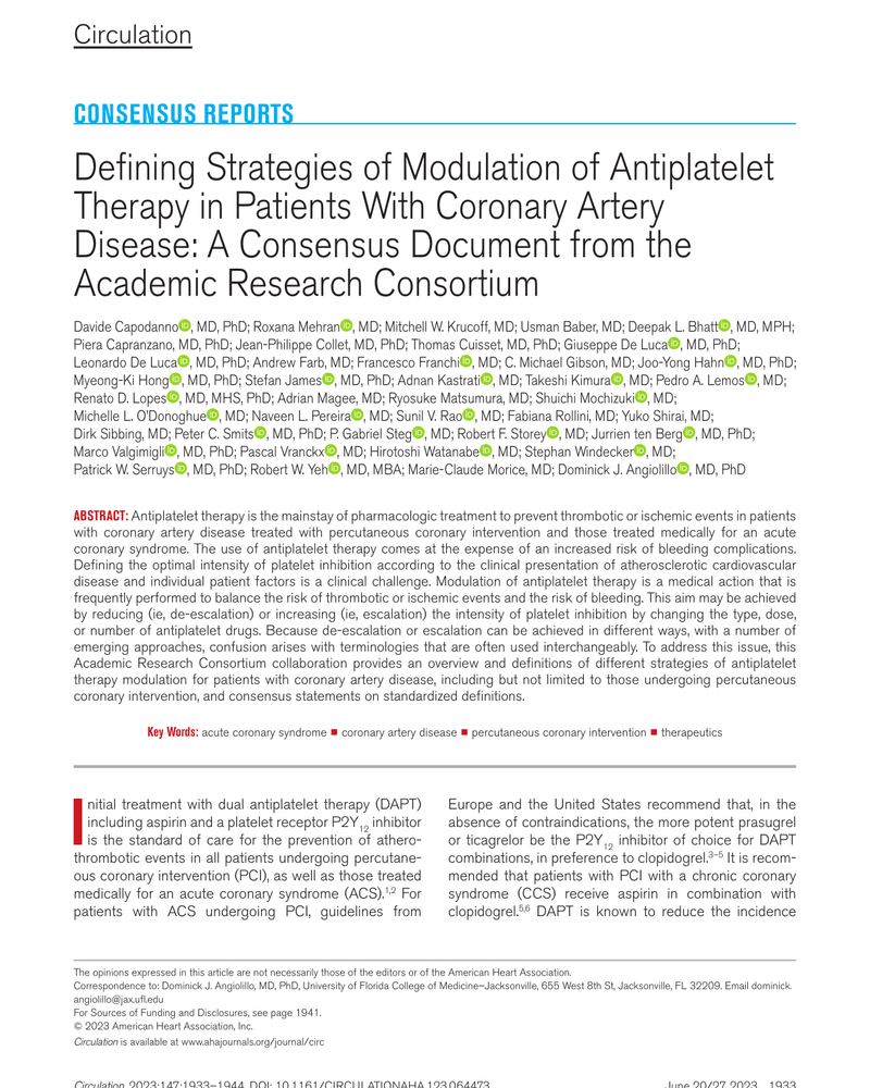 DEFINING STRATEGIES OF MODULATION OF ANTIPLATELET THERAPY IN PATIENTS WITH CORONARY ARTERY DISEASE: A CONSENSUS DOCUMENT FROM THE ACADEMIC RESEARCH CONSORTIUM cover