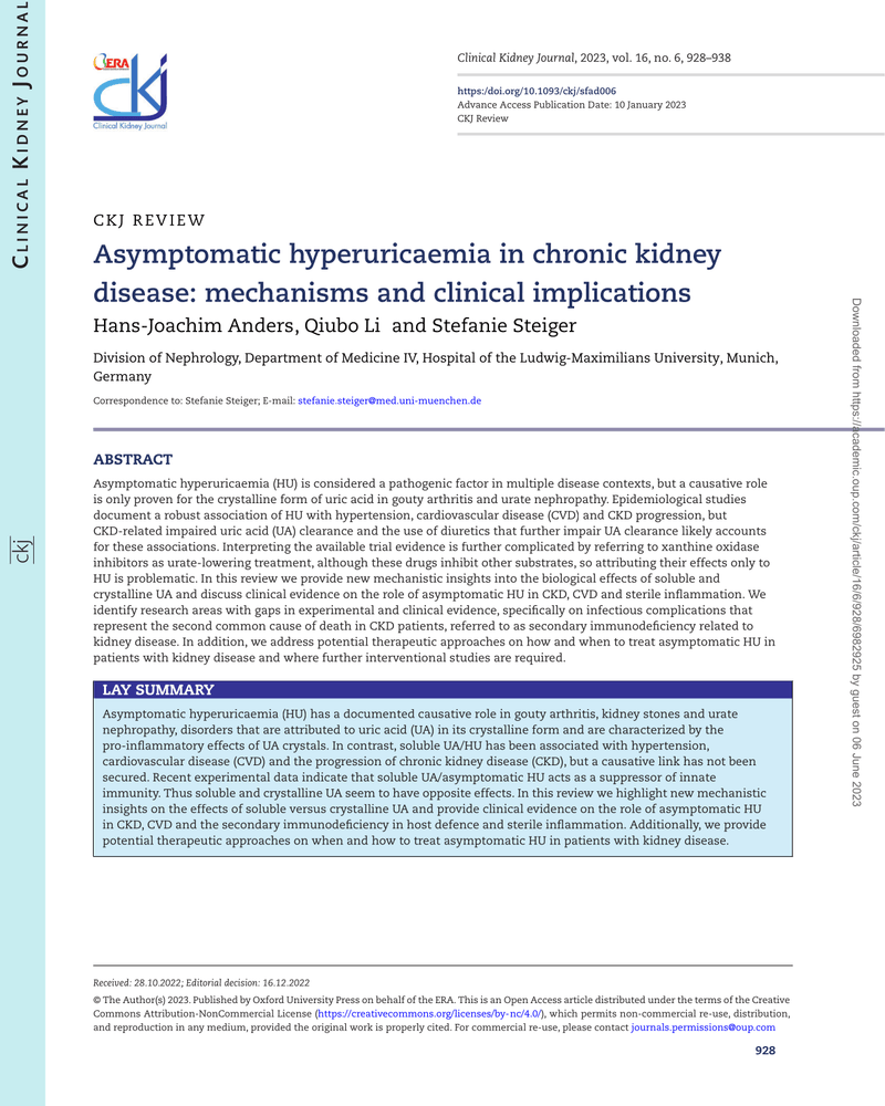 ASYMPTOMATIC HYPERURICAEMIA IN CHRONIC KIDNEY DISEASE: MECHANISMS AND CLINICAL IMPLICATIONS cover