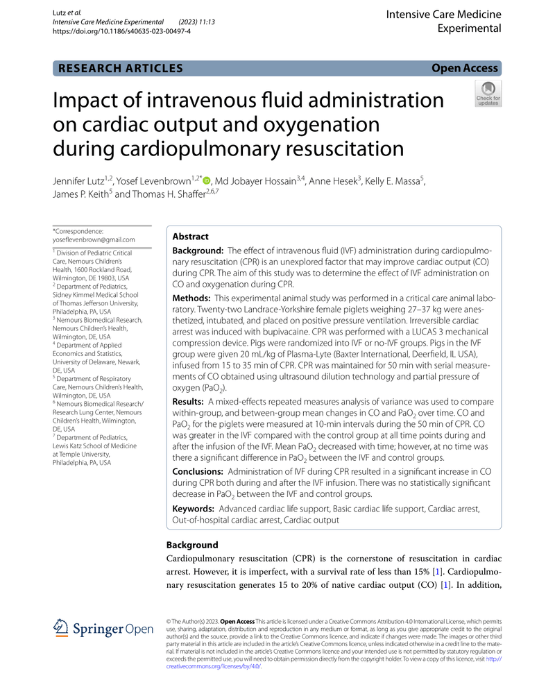 IMPACT OF INTRAVENOUS FLUID ADMINISTRATION ON CARDIAC OUTPUT AND OXYGENATION DURING CARDIOPULMONARY RESUSCITATION cover