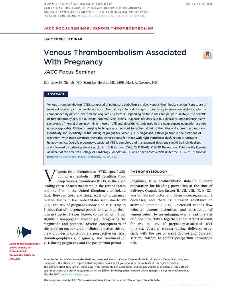 VENOUS THROMBOEMBOLISM ASSOCIATED WITH PREGNANCY cover