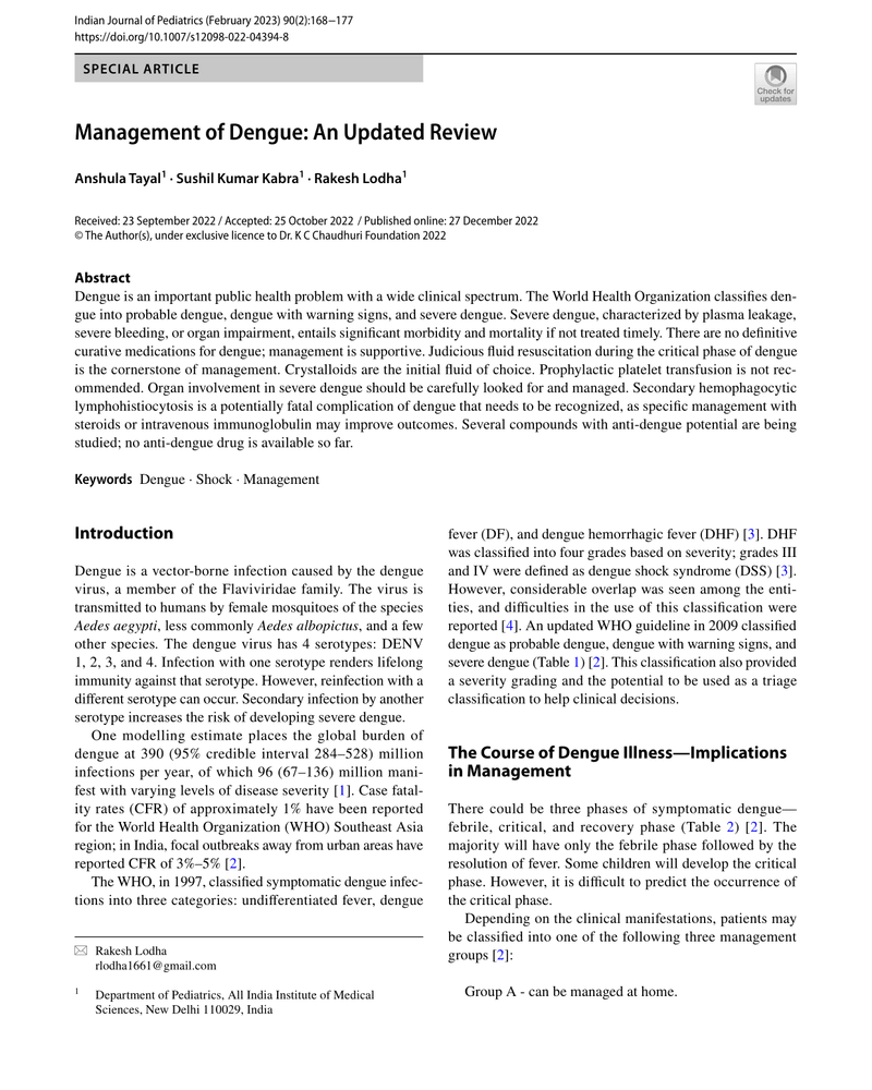 MANAGEMENT OF DENGUE: AN UPDATED REVIEW cover