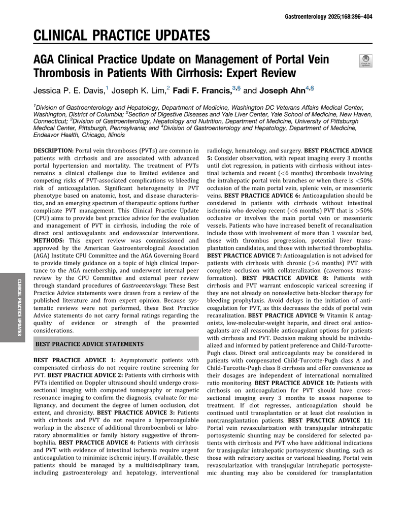 AGA Clinical Practice Update on Management of Portal Vein Thrombosis in Patients With Cirrhosis: Expert Review cover