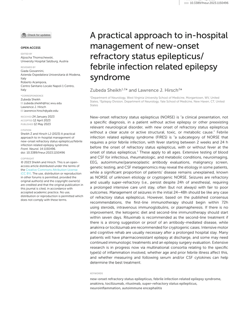 A PRACTICAL APPROACH TO IN-HOSPITAL MANAGEMENT OF NEW-ONSET REFRACTORY STATUS EPILEPTICUS/FEBRILE INFECTION RELATED EPILEPSY SYNDROME cover