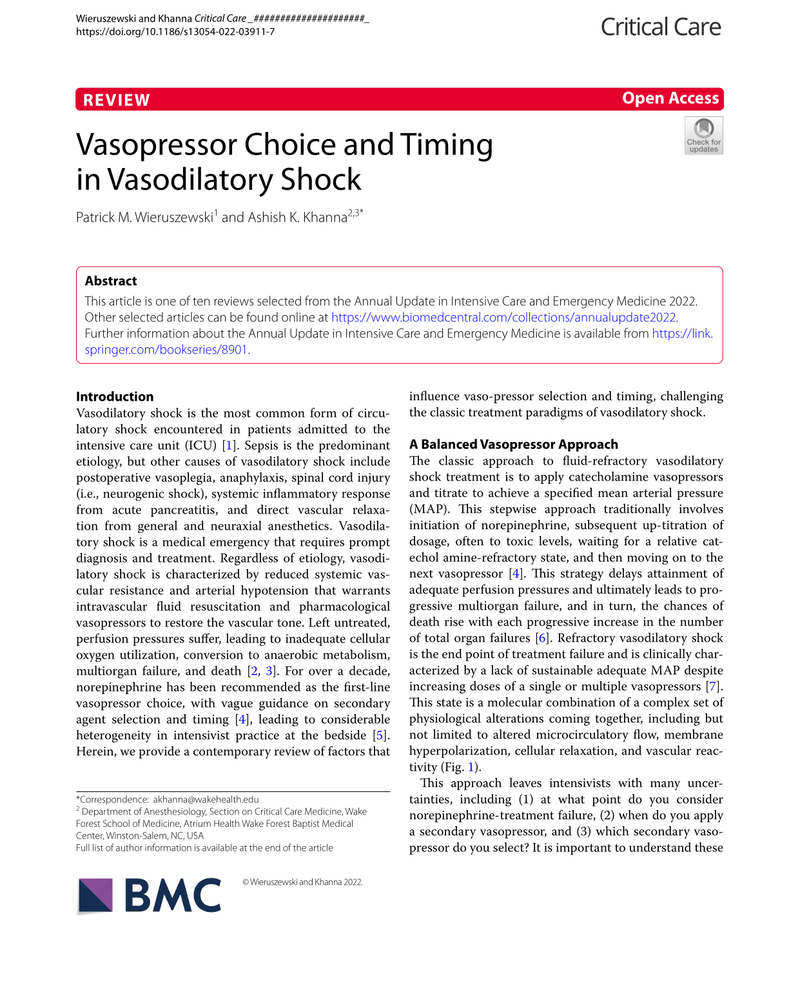 VASOPRESSOR CHOICE AND TIMING IN VASODILATORY SHOCK cover
