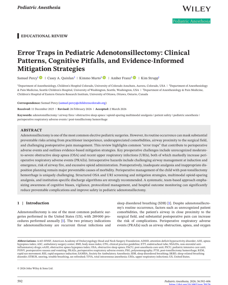 ERROR TRAPS IN PEDIATRIC ADENOTONSILLECTOMY: CLINICAL PATTERNS, COGNITIVE PITFALLS, AND EVIDENCE-MITIGATION STRATEGIES cover