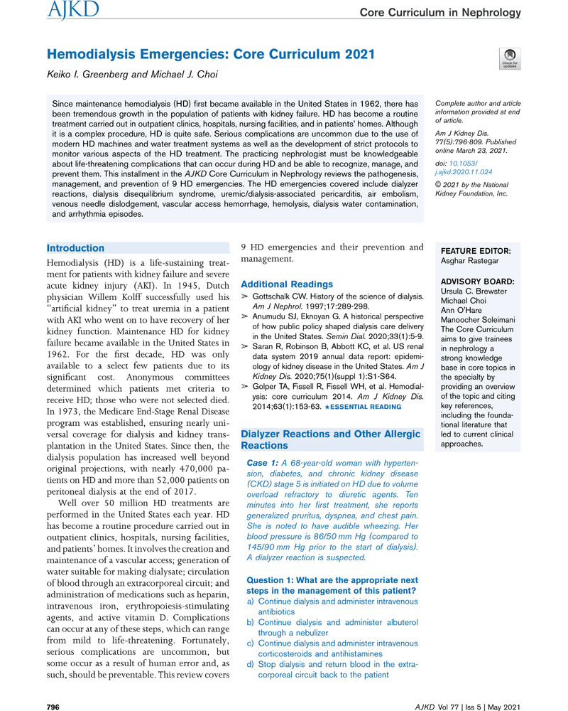 HEMODIALYSIS EMERGENCIES: CORE CURRICULUM 2021 cover