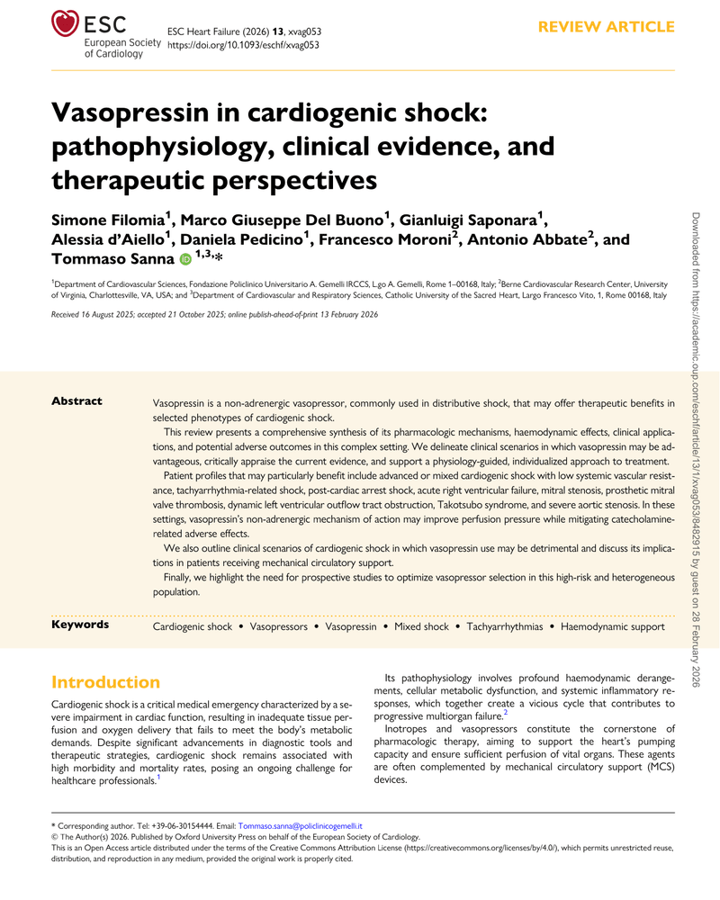 VASOPRESSIN IN CARDIOGENIC SHOCK: PATHOPHYSIOLOGY, CLINICAL EVIDENCE, AND THERAPEUTIC PERSPECTIVES cover