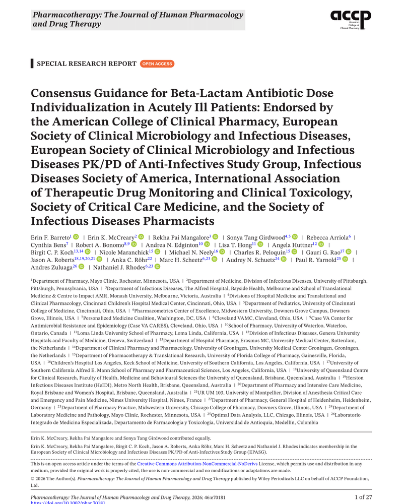 CONSENSUS GUIDANCE FOR BETA-LACTAM ANTIBIOTIC DOSE INDIVIDUALIZATION IN ACUTELY ILL PATIENTS cover