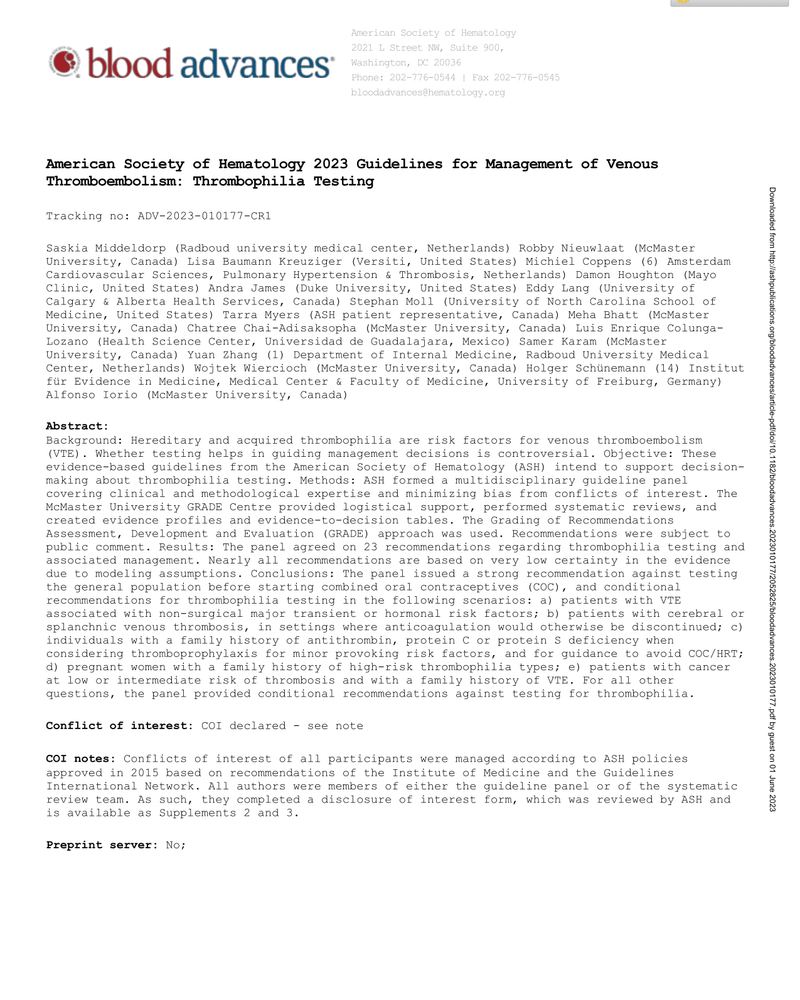 AMERICAN SOCIETY OF HEMATOLOGY 2023 GUIDELINES FOR MANAGEMENT OF VENOUS THROMBOEMBOLISM: THROMBOPHILIA TESTING cover