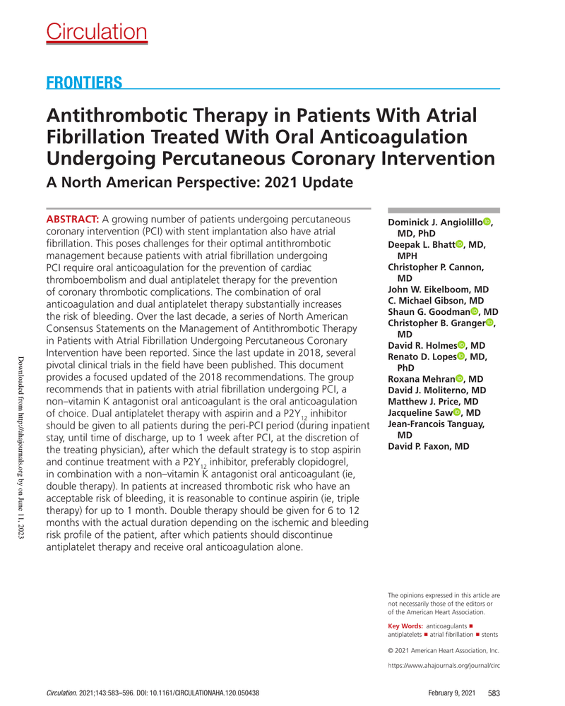 ANTITHROMBOTIC THERAPY IN PATIENTS WITH ATRIAL FIBRILLATION TREATED WITH ORAL ANTICOAGULATION UNDERGOING PERCUTANEOUS CORONARY INTERVENTION cover