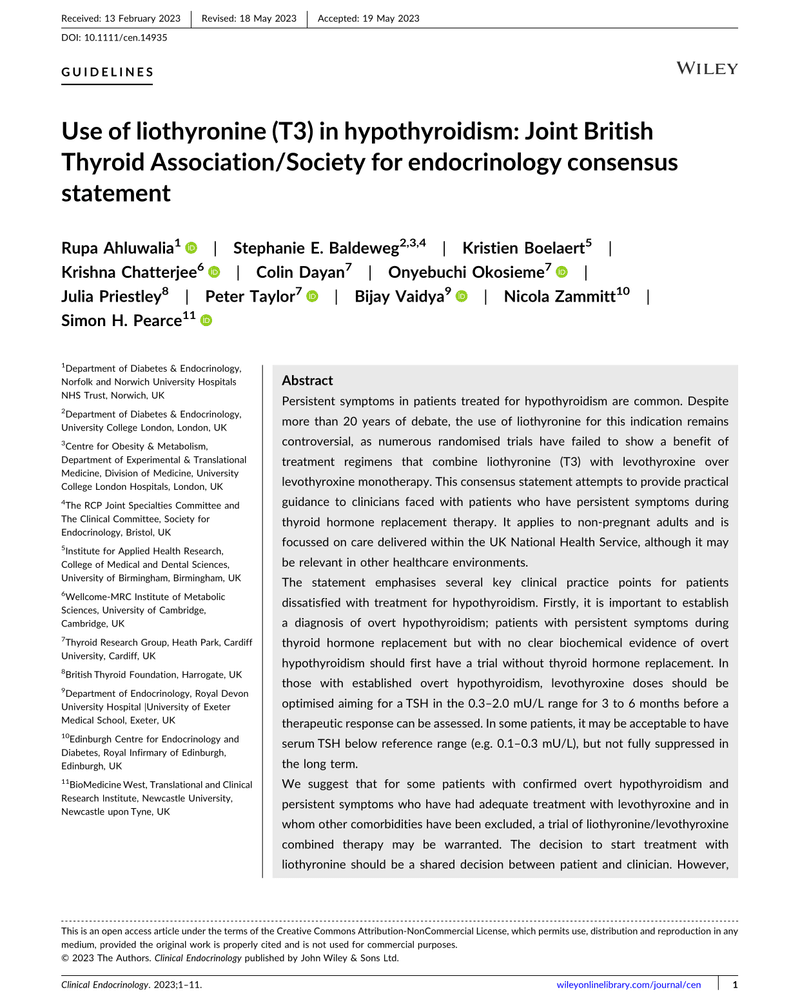 USE OF LIOTHYRONINE (T3) IN HYPOTHYROIDISM: JOINT BRITISH THYROID ASSOCIATION/SOCIETY FOR ENDOCRINOLOGY CONSENSUS STATEMENT cover
