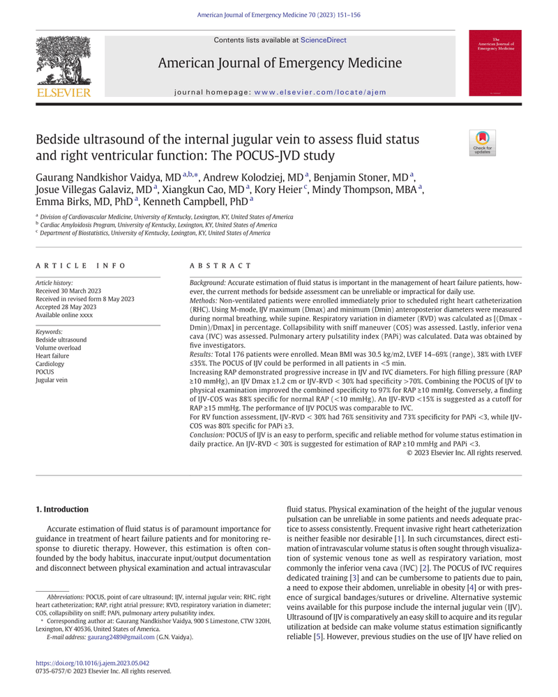 BEDSIDE ULTRASOUND OF THE INTERNAL JUGULAR VEIN TO ASSESS FLUID STATUS AND RIGHT VENTRICULAR FUNCTION: THE POCUS-JVD STUDY cover