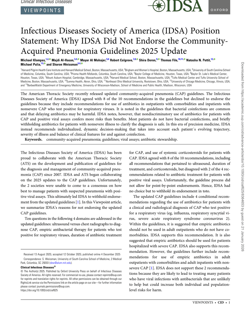 INFECTIOUS DISEASES SOCIETY OF AMERICA (IDSA) POSITION STATEMENT: WHY IDSA DID NOT ENDORSE THE COMMUNITY-ACQUIRED PNEUMONIA GUIDELINES 2025 UPDATE cover