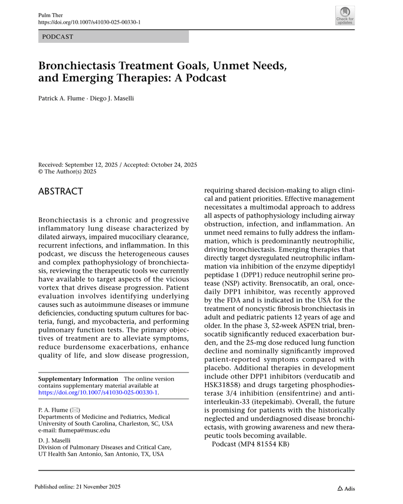 BRONCHIECTASIS TREATMENT GOALS, UNMET NEEDS, AND EMERGING THERAPIES: A PODCAST cover