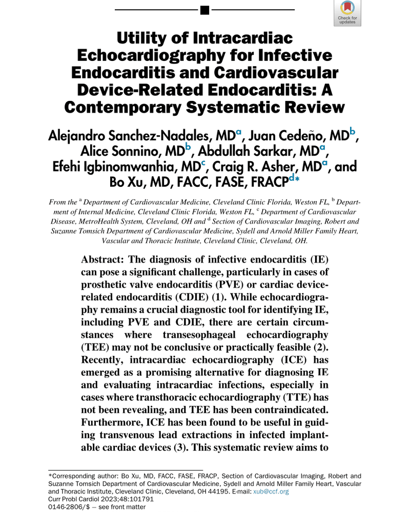 UTILITY OF INTRACARDIAC ECHOCARDIOGRAPHY FOR INFECTIVE ENDOCARDITIS AND CARDIOVASCULAR DEVICE-RELATED ENDOCARDITIS: A CONTEMPORARY SYSTEMATIC REVIEW cover