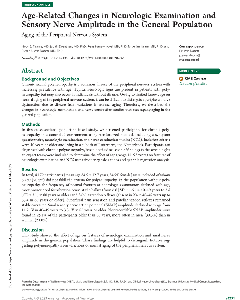 AGE-RELATED CHANGES IN NEUROLOGIC EXAMINATION AND SENSORY NERVE AMPLITUDE IN THE GENERAL POPULATION cover