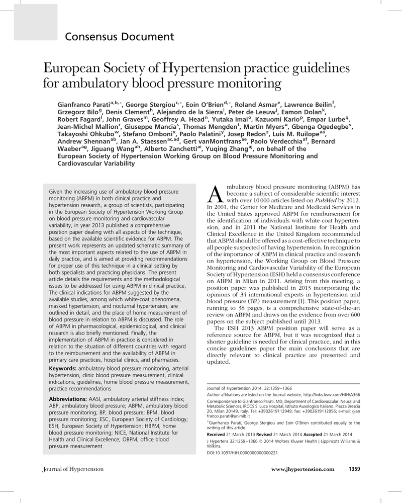 EUROPEAN SOCIETY OF HYPERTENSION PRACTICE GUIDELINES FOR AMBULATORY BLOOD PRESSURE MONITORING cover
