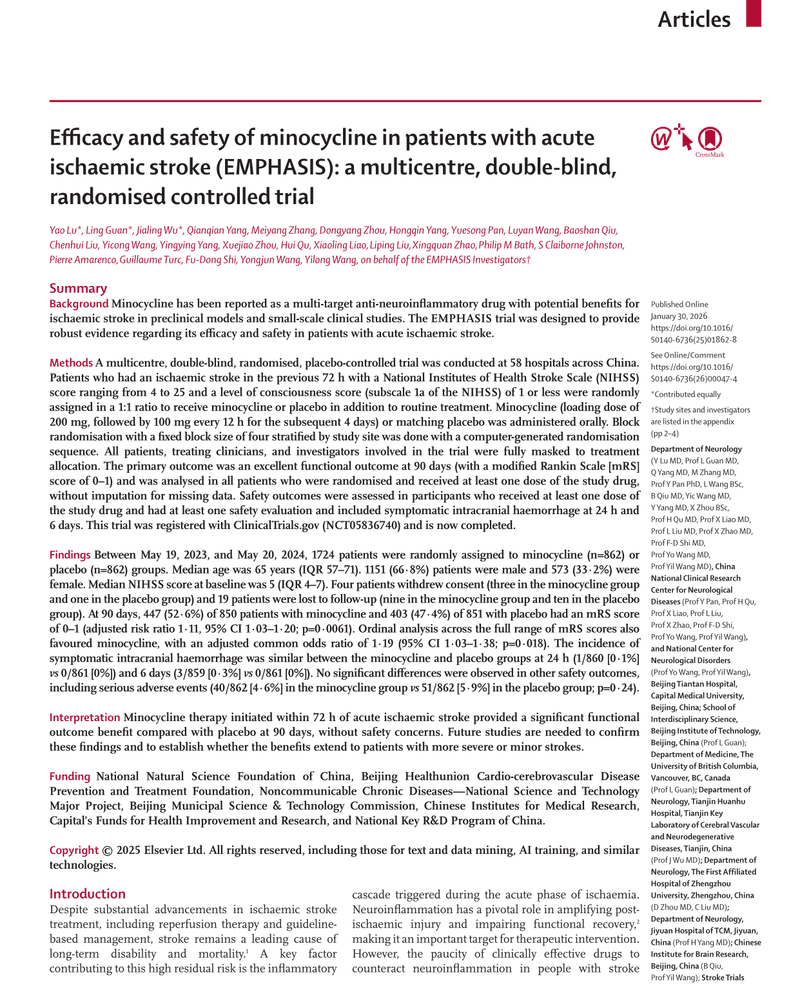EFFICACY AND SAFETY OF MINOCYCLINE IN PATIENTS WITH ACUTE ISCHAEMIC STROKE (EMPHASIS): A MULTICENTRE, DOUBLE-BLIND, RANDOMISED CONTROLLED TRIAL cover