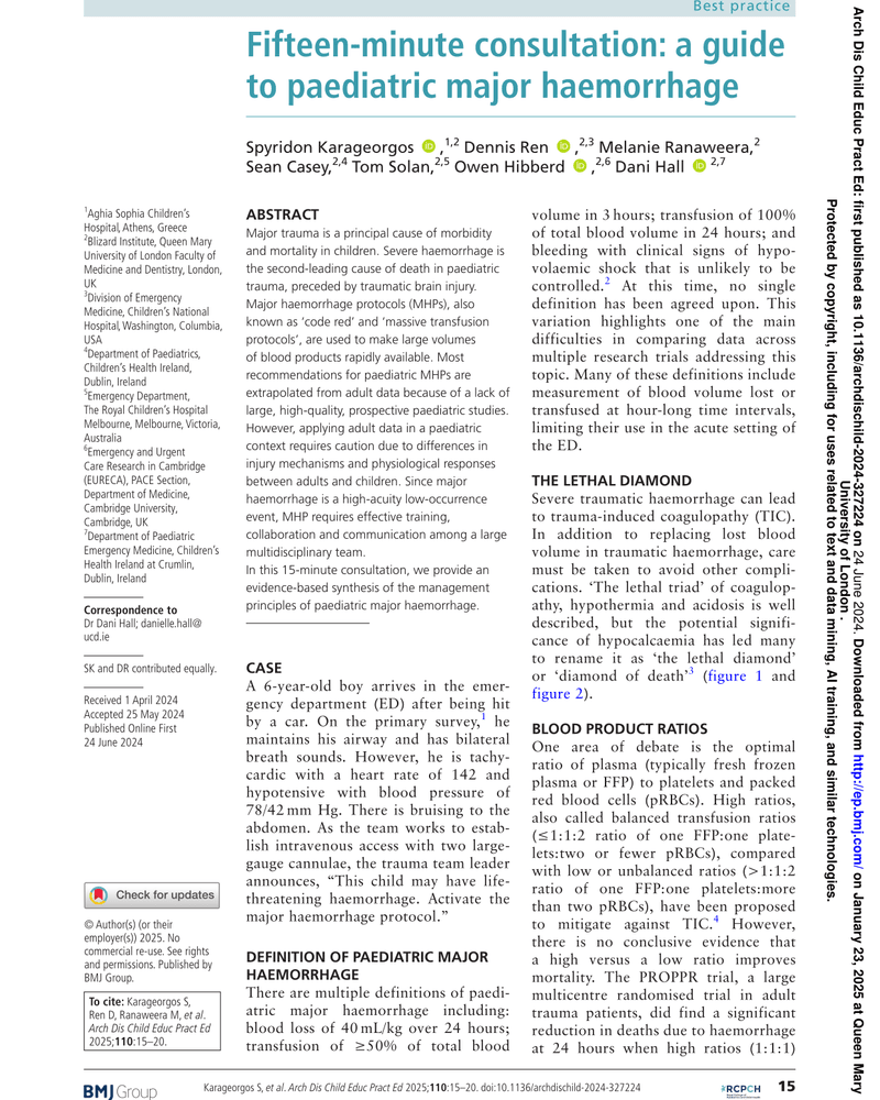 FIFTEEN-MINUTE CONSULTATION: A GUIDE TO PAEDIATRIC MAJOR HAEMORRHAGE cover
