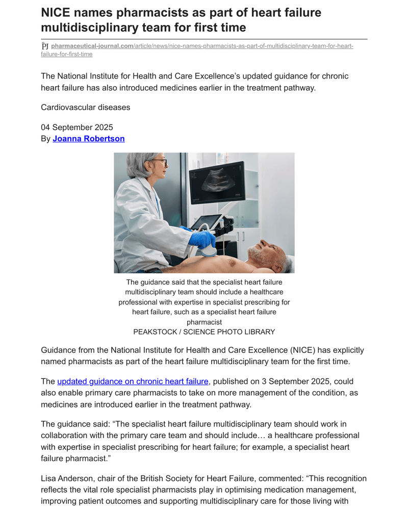 NICE NAMES PHARMACISTS AS PART OF HEART FAILURE MULTIDISCIPLINARY TEAM FOR FIRST TIME cover