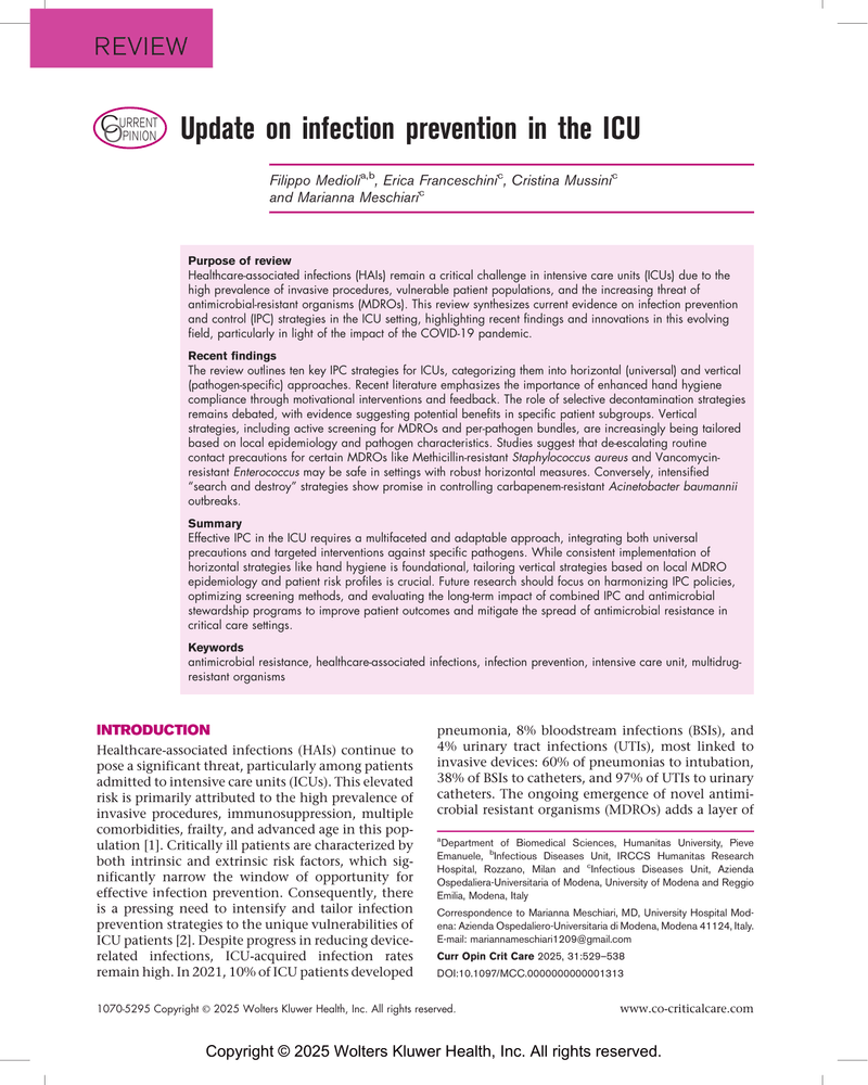 UPDATE ON INFECTION PREVENTION IN THE ICU cover