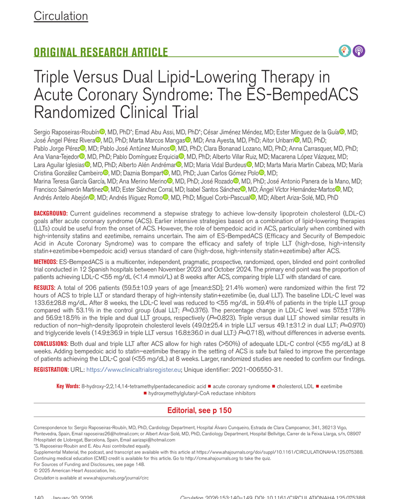 TRIPLE VERSUS DUAL LIPID-LOWERING THERAPY IN ACUTE CORONARY SYNDROME: THE ES-BEMPEDACS RANDOMIZED CLINICAL TRIAL cover