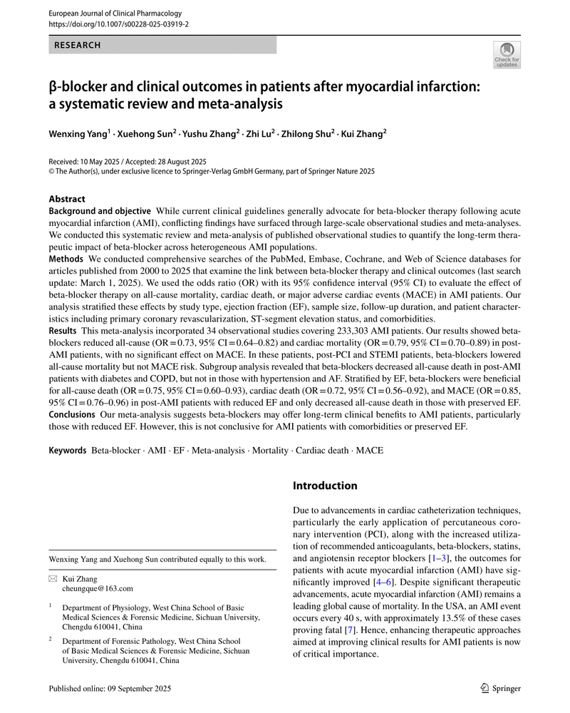 β‑BLOCKER AND CLINICAL OUTCOMES IN PATIENTS AFTER MYOCARDIAL INFARCTION: A SYSTEMATIC REVIEW AND META‑ANALYSIS cover