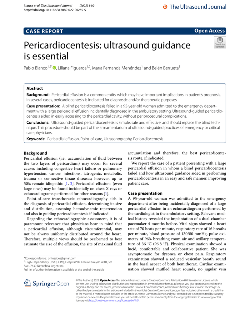 PERICARDIOCENTESIS: ULTRASOUND GUIDANCE IS ESSENTIAL cover