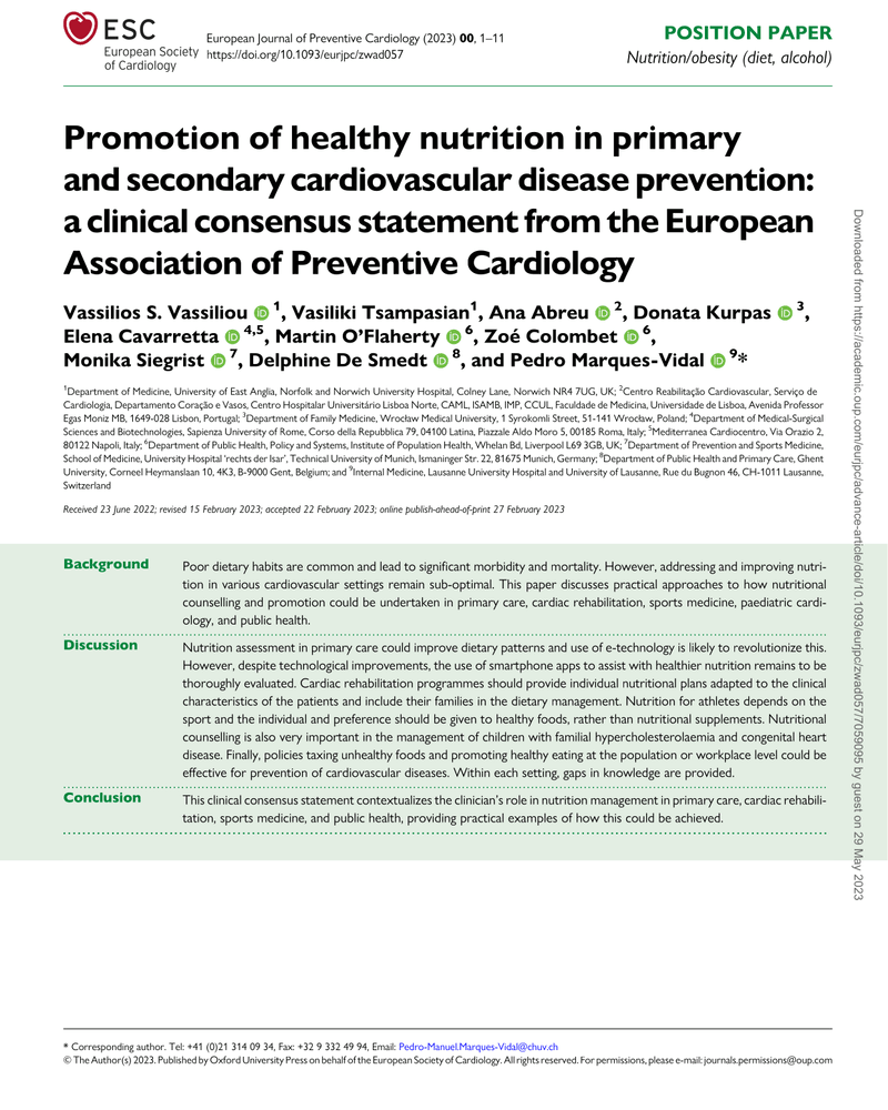 PROMOTION OF HEALTHY NUTRITION IN PRIMARY AND SECONDARY CARDIOVASCULAR DISEASE PREVENTION: A CLINICAL CONSENSUS STATEMENT FROM THE EUROPEAN ASSOCIATION OF PREVENTIVE CARDIOLOGY cover