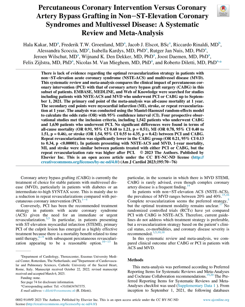 PERCUTANEOUS CORONARY INTERVENTION VERSUS CORONARY ARTERY BYPASS GRAFTING IN NON-ST-ELEVATION CORONARY SYNDROMES AND MULTIVESSEL DISEASE: A SYSTEMATIC REVIEW AND META-ANALYSIS cover
