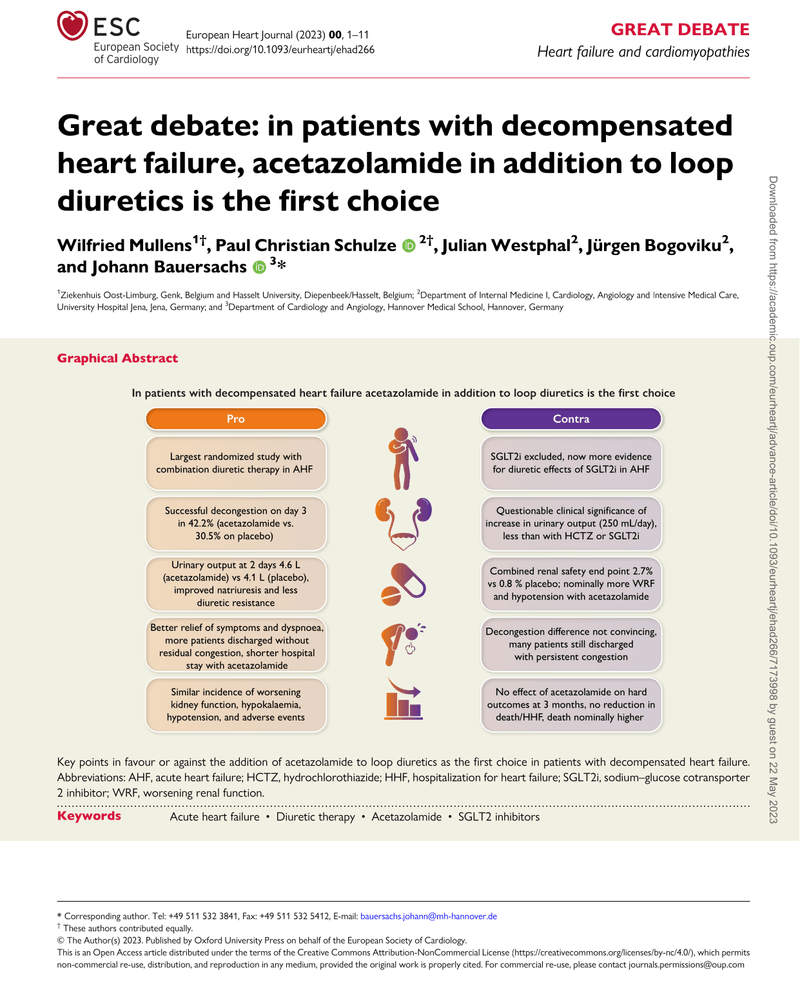 GREAT DEBATE: IN PATIENTS WITH DECOMPENSATED HEART FAILURE, ACETAZOLAMIDE IN ADDITION TO LOOP DIURETICS IS THE FIRST CHOICE cover