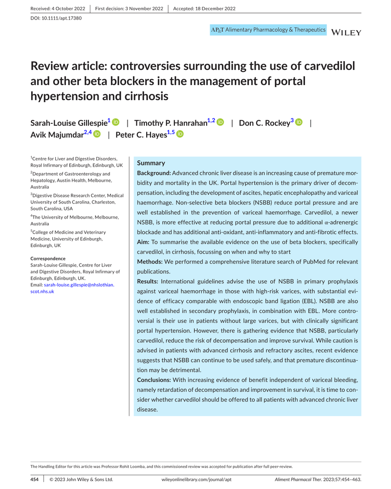 CONTROVERSIES SURROUNDING THE USE OF CARVEDILOL AND OTHER BETA BLOCKERS IN THE MANAGEMENT OF PORTAL HYPERTENSION AND CIRRHOSIS cover