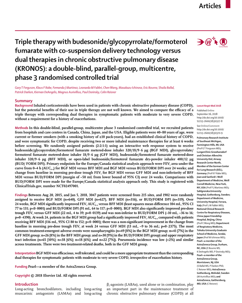 TRIPLE THERAPY WITH BUDESONIDE/GLYCOPYRROLATE/FORMOTEROL FUMARATE WITH CO-SUSPENSION DELIVERY TECHNOLOGY VERSUS DUAL THERAPIES IN CHRONIC OBSTRUCTIVE PULMONARY DISEASE (KRONOS): A DOUBLE-BLIND, PARALLEL-GROUP, MULTICENTRE, PHASE 3 RANDOMISED CONTROLLED cover