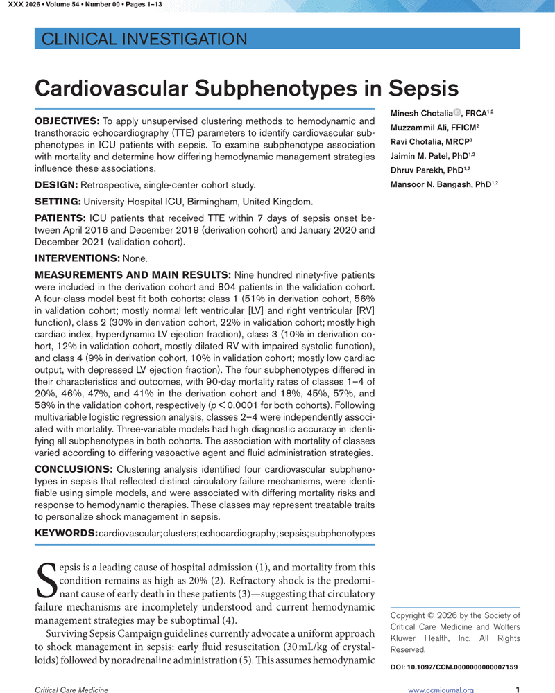 CARDIOVASCULAR SUBPHENOTYPES IN SEPSIS cover