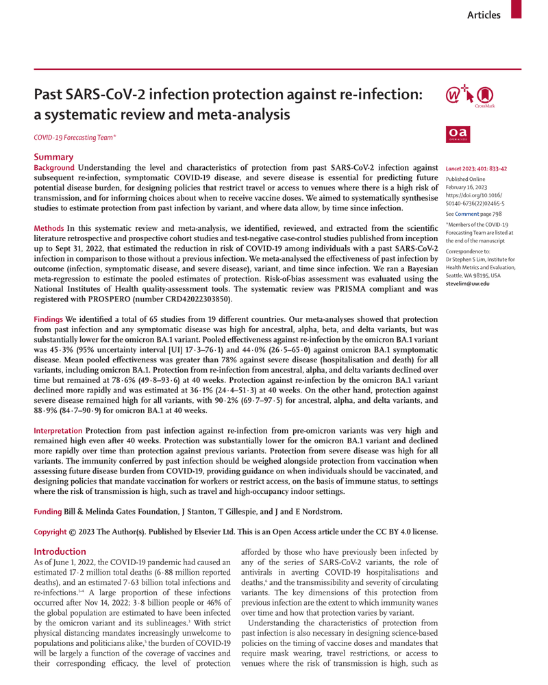 PAST SARS-COV-2 INFECTION PROTECTION AGAINST RE-INFECTION: A SYSTEMATIC REVIEW AND META-ANALYSIS cover