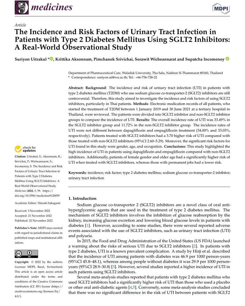 THE INCIDENCE AND RISK FACTORS OF URINARY TRACT INFECTION IN PATIENTS WITH TYPE 2 DIABETES MELLITUS USING SGLT2 INHIBITORS: A REAL-WORLD OBSERVATIONAL STUDY cover