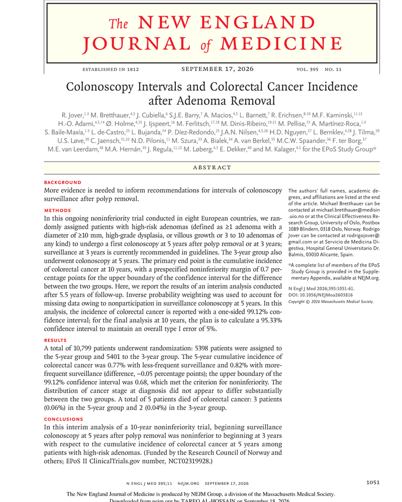 COLONOSCOPY INTERVALS AND COLORECTAL CANCER INCIDENCE AFTER ADENOMA REMOVAL cover