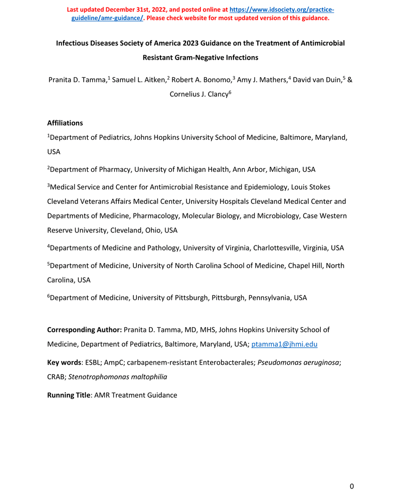 INFECTIOUS DISEASES SOCIETY OF AMERICA 2023 GUIDANCE ON THE TREATMENT OF ANTIMICROBIAL-RESISTANT GRAM-NEGATIVE INFECTIONS cover