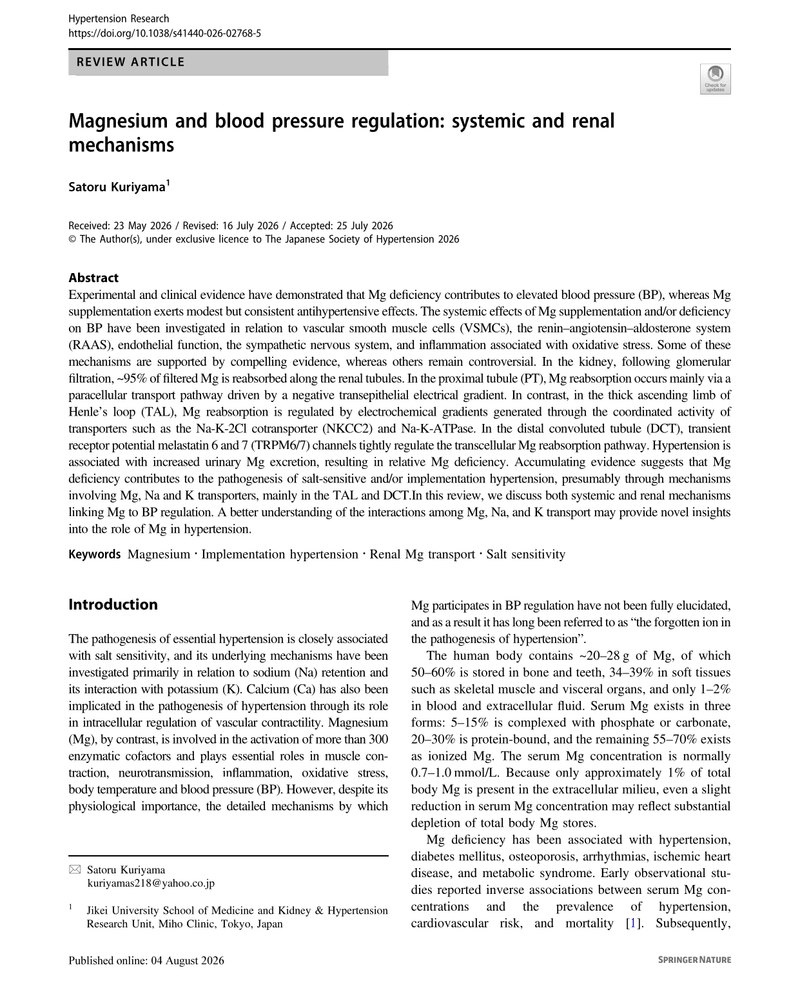 MAGNESIUM AND BLOOD PRESSURE REGULATION: SYSTEMIC AND RENAL MECHANISMS cover