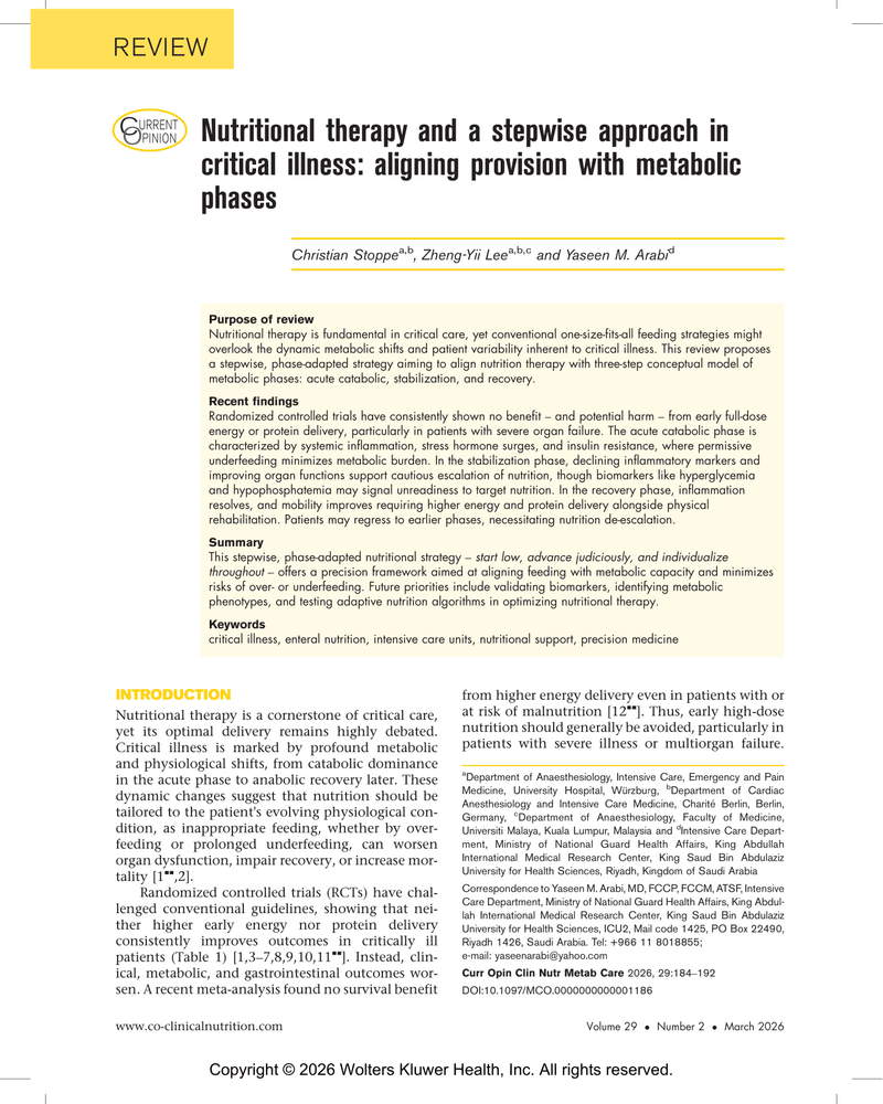NUTRITIONAL THERAPY AND A STEPWISE APPROACH IN CRITICAL ILLNESS: ALIGNING PROVISION WITH METABOLIC PHASES cover