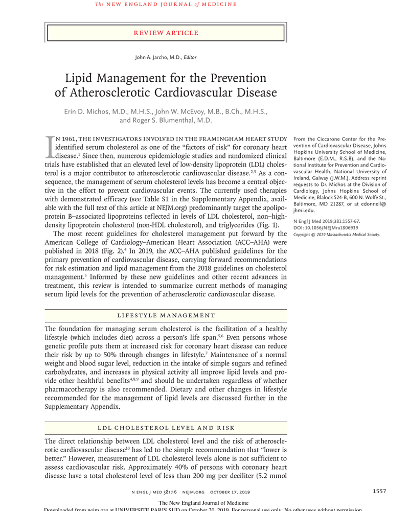LIPID MANAGEMENT FOR THE PREVENTION OF ATHEROSCLEROTIC CARDIOVASCULAR DISEASE cover