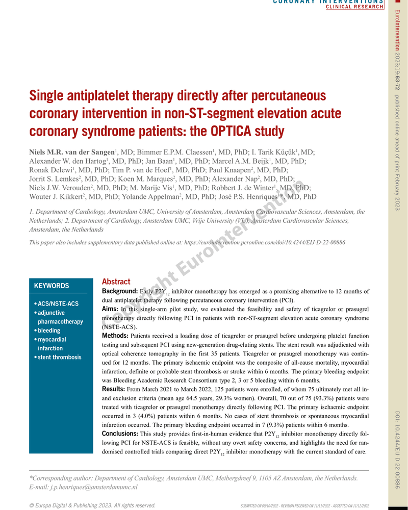 SINGLE ANTIPLATELET THERAPY DIRECTLY AFTER PERCUTANEOUS CORONARY INTERVENTION IN NON-ST-SEGMENT ELEVATION ACUTE CORONARY SYNDROME PATIENTS: THE OPTICA STUDY cover