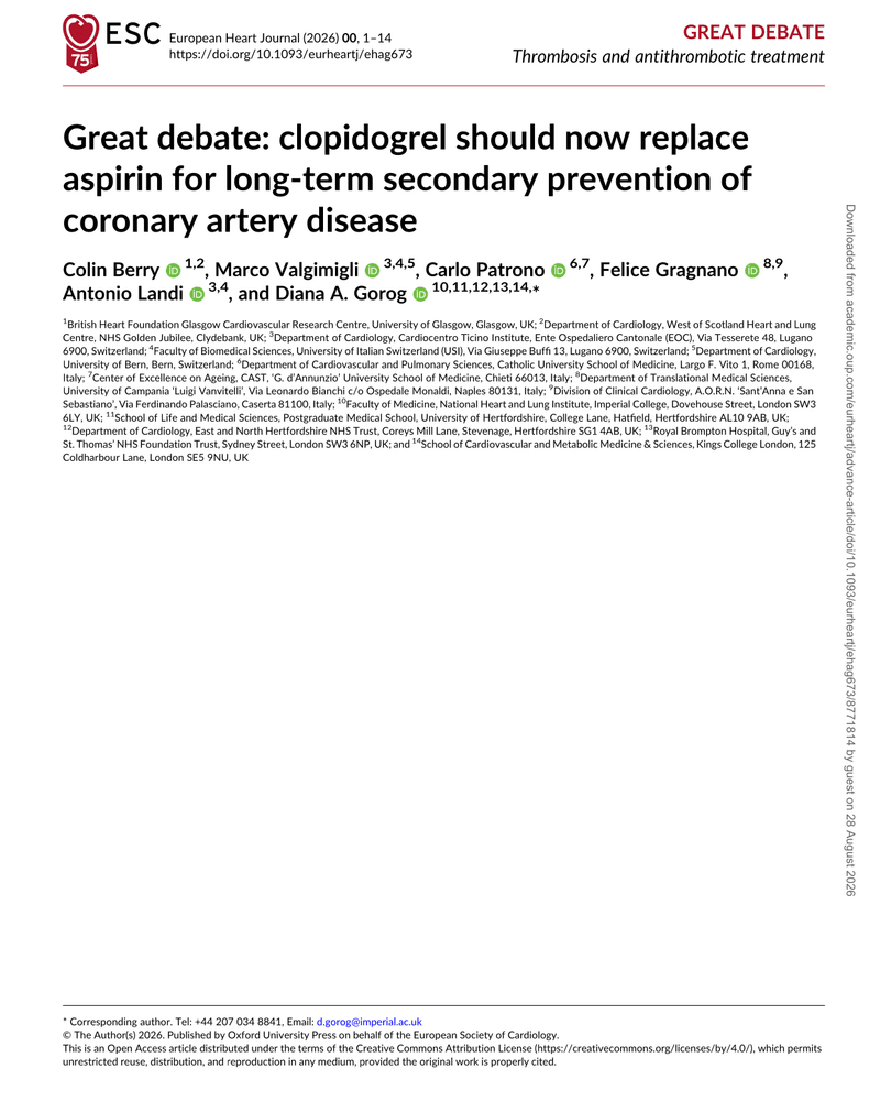 GREAT DEBATE: CLOPIDOGREL SHOULD NOW REPLACE ASPIRIN FOR LONG-TERM SECONDARY PREVENTION OF CORONARY ARTERY DISEASE cover